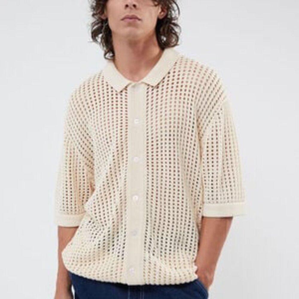 PacSun Off White Open Knit 2.0 Woven Camp Shirt Size L 100% Cotton Open Knit